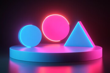 Aufkleber - Colorful geometric shapes illuminated with neon lights on a dark background create a striking visual display