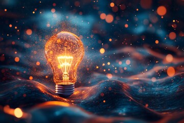 Aufkleber - Light bulb glowing amid shimmering waves with a magical atmosphere at dusk