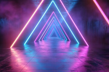 Poster - Vibrant neon triangles illuminate a reflective pathway in a futuristic setting with colorful lights at night