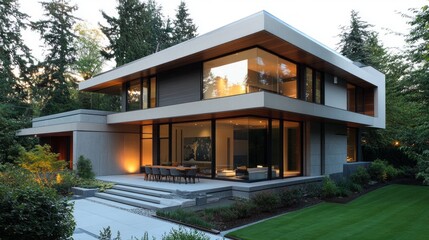 Aufkleber - This stunning modern minimalist home features expansive glass facades and a clean geometric shape, beautifully illuminated at twilight. Surrounded by lush trees, it offers a serene retreat