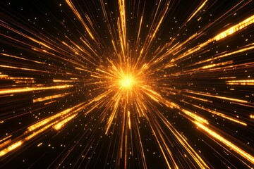 Fototapete - Bright golden explosion radiates outward in a burst of energy against a dark background