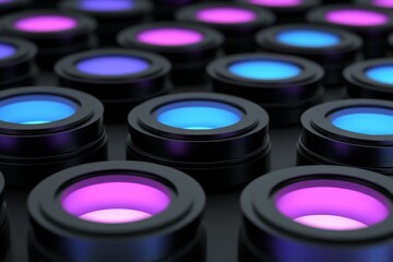 Fototapete - Colorful lighting lenses arranged in a modern art installation demonstrating the interplay of light and technology
