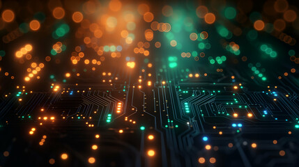 Wall Mural - digital circuit board glowing orange and green lines, futuristic network design