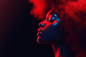 Leinwandbilder - Dynamic profile of a woman with vibrant red and blue lighting against a dark background
