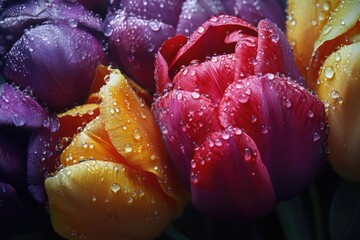 Poster - Fresh tulips with dew drops glisten in the morning light, perfect for spring or floral design