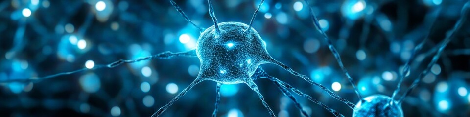 Poster - Glowing Blue Neural Network, Connecting Cells with Radiant Lines, Depth of Field Background