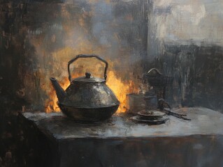 Poster - A still life composition featuring a kettle and plate on a table