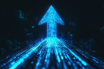 Poster - Futuristic blue arrow representing progress with flowing digital data streams in a dark atmosphere