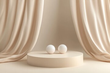 Poster - Minimalist display of two white spheres on a beige pedestal surrounded by soft draped curtains indoors