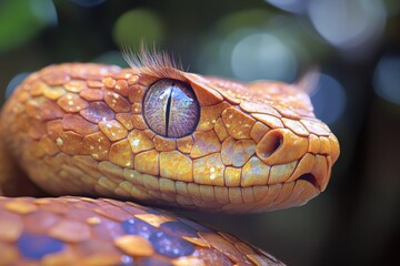 Poster - Beautifully patterned orange snake basking in natural light among lush greenery in a tropical environment