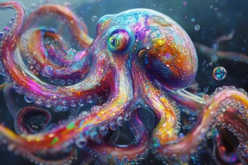 Poster - Colorful octopus swimming gracefully in ocean depths surrounded by bubbles and vibrant marine life