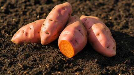 Poster - A group of sweet potatoes sitting on a field, suitable for agricultural or food-related context