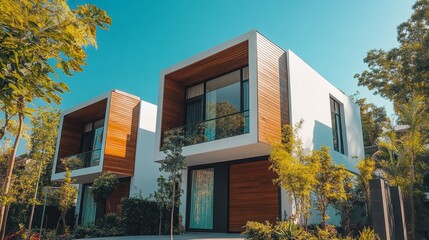 Aufkleber - Luxurious architectural design showcases a modern facade adorned with wooden accents and large windows. Surrounding lush greenery complements the stunning structure under a clear blue sky