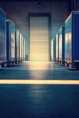Poster - Stacked blue trailers in a large warehouse storage facility