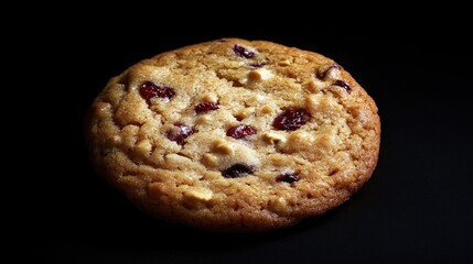 Poster - A single chocolate chip cookie placed on a black surface, ideal for food photography and packaging design