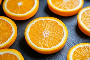 Poster - Bright orange slices arranged neatly on a dark surface showcasing their vibrant color and texture