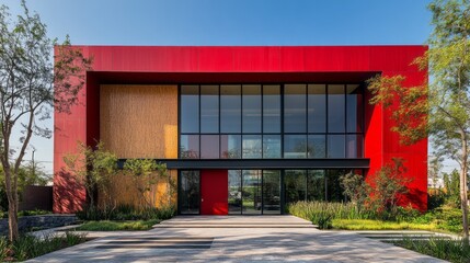 Aufkleber - This luxurious residence showcases a striking modern facade featuring vibrant red accents and large glass windows, surrounded by well-manicured landscaping and contemporary design elements