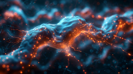 Wall Mural - Blue Orange Particle Flow Digital Texture Design, Shiny 3D Wave for Modern Energy Themes