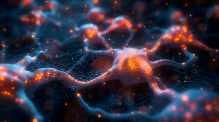 Wall Mural - Neural Network Glowing Orange Blue Design, Futuristic Technology Background for Science Themes
