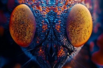 Poster - Close view of a colorful insect revealing intricate details of its eyes and texture in a vibrant setting