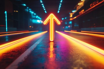 Poster - Neon arrows illuminate the pathway in a futuristic urban environment at night