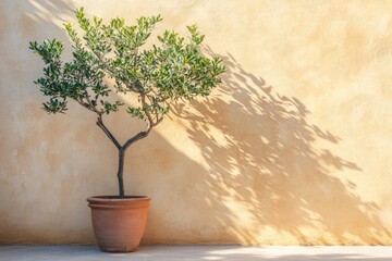 Poster - Indoor potted plant casting delicate shadows against a textured yellow wall in bright natural light