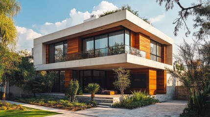 Aufkleber - This stunning luxury residence showcases a contemporary facade with a blend of concrete and wooden elements. Surrounded by lush landscaping, it offers an inviting atmosphere with expansive windows