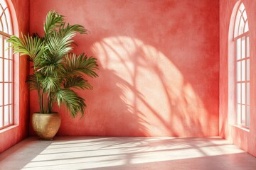 Aufkleber - Bright interior with a large green plant casting shadows on a textured coral wall in a sunlit room