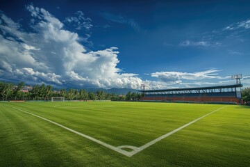 Poster - Soccer field with a cloudy sky in the background, ideal for sports or weather related concepts