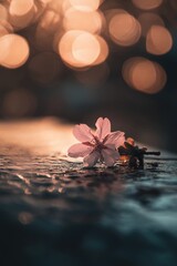 Poster - A single pink flower sits on top of a wooden table, perfect for use in still life photography or as a prop for any occasion