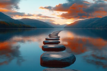 Aufkleber - Stones create a pathway across still water at sunset in a tranquil mountain landscape