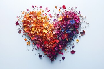 Poster - Heart-shaped arrangement of colorful petals and flowers on a light background, showcasing natural beauty and creativity