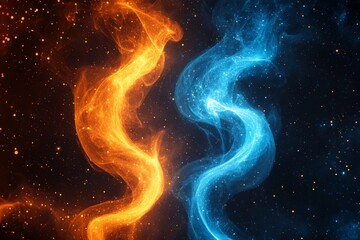 Poster - Fiery orange and cool blue smoke swirling together in a cosmic background at night