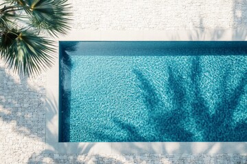 Poster - Crystal-clear swimming pool surrounded by palm trees in a serene outdoor setting on a sunny day