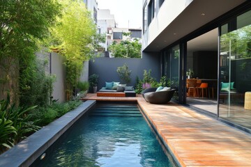Poster - Modern garden oasis featuring a tranquil pool and stylish outdoor seating in a contemporary residential space