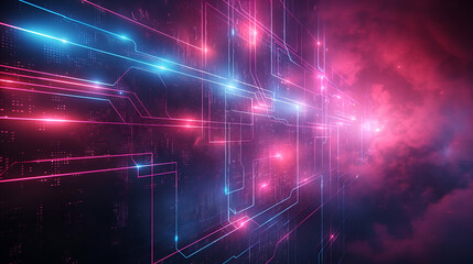 Wall Mural - Neon Circuit Board Pink Blue Glowing Lines, Futuristic Network Design for Digital Art