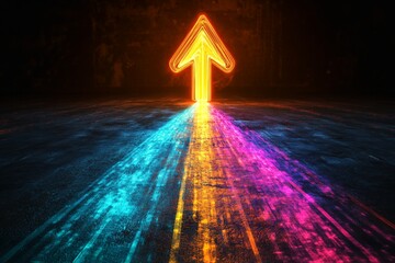 Poster - Bright neon arrow lighting the path in an atmospheric glow during nighttime