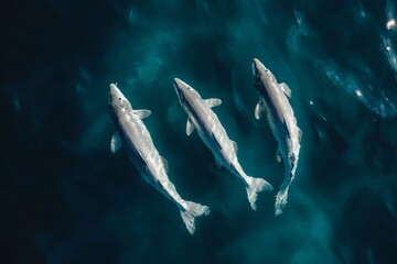 Poster - Three sharks glide through clear ocean waters while sunlight filters down, showcasing their sleek bodies in a serene environment