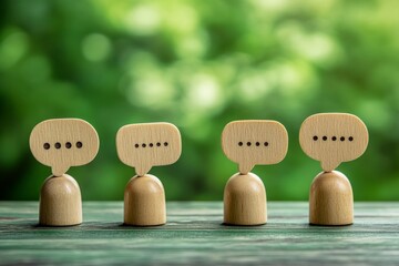Poster - Wooden speech bubble figures representing communication and conversation in a serene outdoor setting