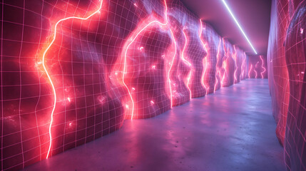 Wall Mural - Pink Neon Grid Vibrant Glow, Futuristic Corridor Design for Modern Digital Art
