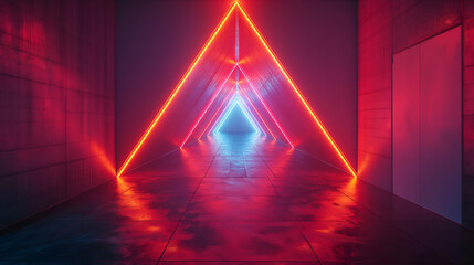Wall Mural - Neon Triangle Corridor Red Blue Glow, Futuristic Design for Modern Digital Art