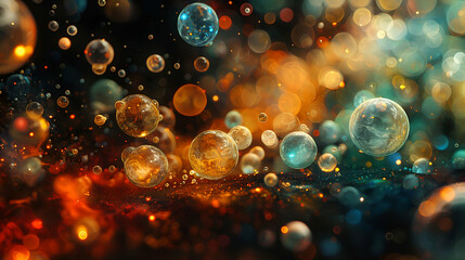 Wall Mural - Sparkling Bubbles Golden Teal Orange Glow, Artistic Bokeh Design for Digital Art