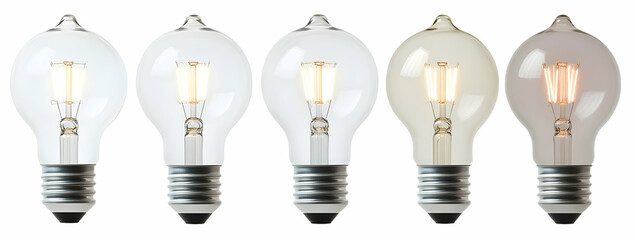 Poster - Five light bulbs standing in a line, one bulb is lit up, light gray background