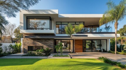 Poster - This luxury house features a contemporary facade with large glass windows and stone accents, surrounded by vibrant greenery and palm trees. Sunlight enhances its striking architecture