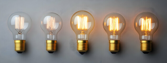 Poster - Five light bulbs standing in a line, one bulb is lit up, light gray background