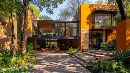 Aufkleber - This modern luxury residence features a striking facade with bold colors and expansive glass elements, surrounded by lush landscaping that enhances its elegance during a sunny afternoon