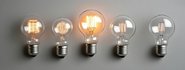 Poster - Five light bulbs standing in a line, one bulb is lit up, light gray background