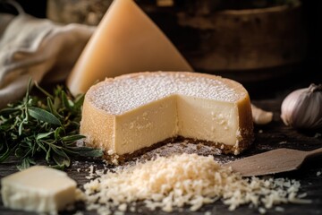 Poster - A delicious-looking cheesecake with a slice taken out, ideal for food or dessert photography