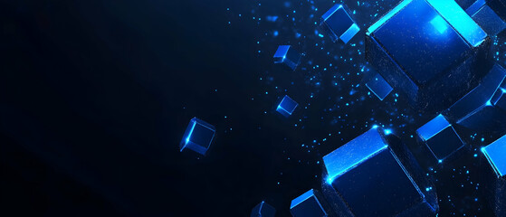 Poster - Digital blue blockchain background with a symbol of a linked chain and cubes