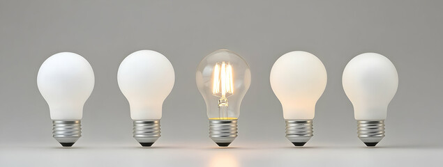 Poster - Five light bulbs standing in a line, one bulb is lit up, light gray background